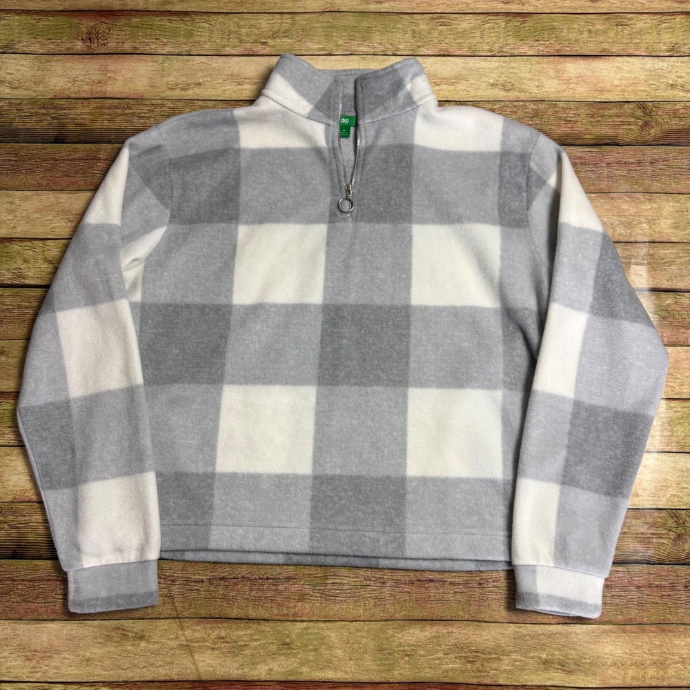Cozy Cabincore Dip Basics Grey White Plaid Quarter Zip Fleece Pullover NWT